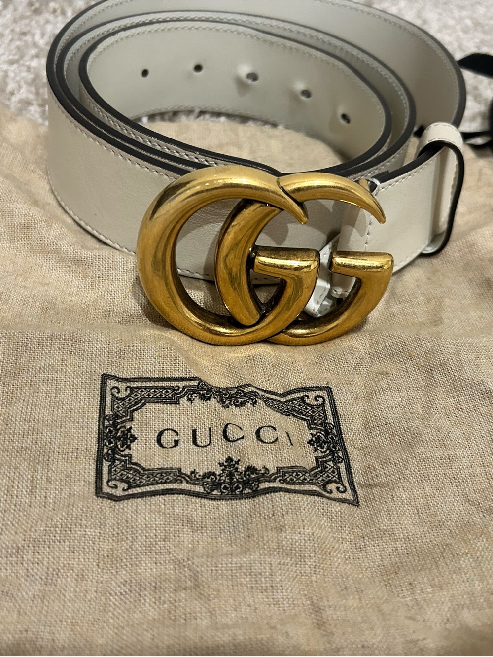 Gucci White Leather Belt with Gold Double G Buckle